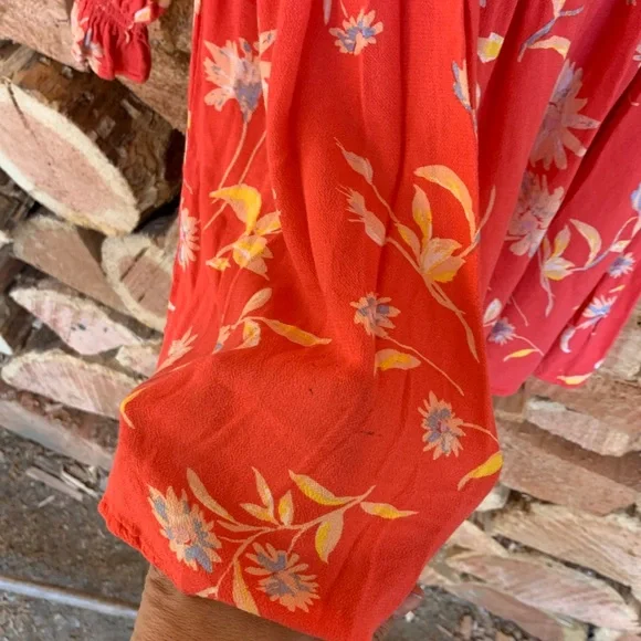 Free People Women’s XS Prairie Western Red Floral Dress Boho Puff Sleeve Peasant - Picture 12 of 12